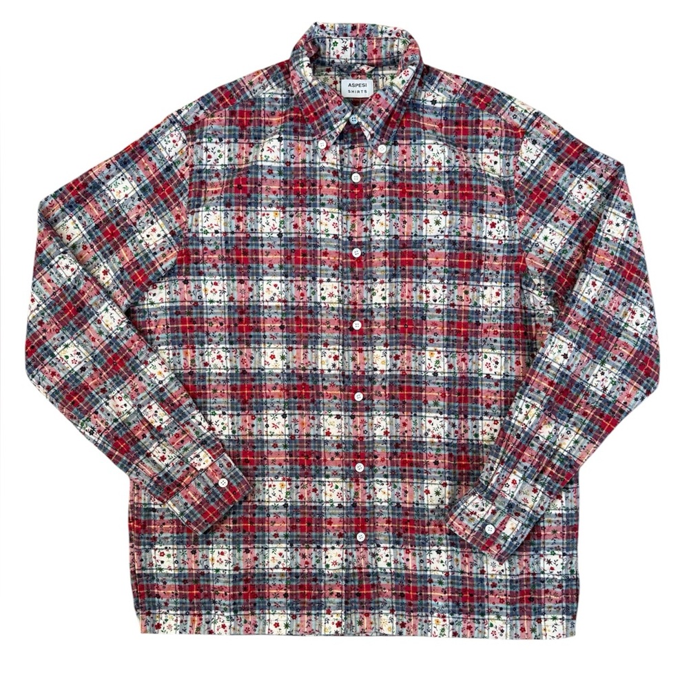 Aspesi Men’s Floral Red / White Check Drops Flannel Button Down Shirt Size M EUC